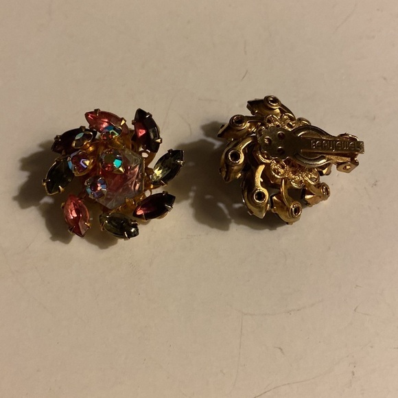 Vintage Beau Jewels Earrings, Clip on, AB, Pink, Purple Rhinestones, Regency - Picture 2 of 8